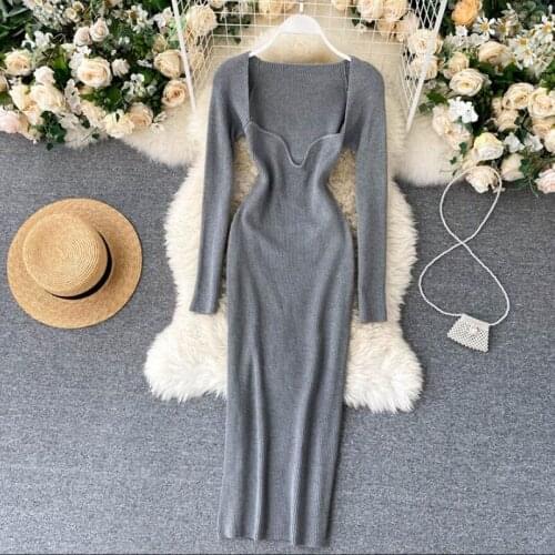 Women Autumn Winter Knitted Dress Sexy Square collar Ladies Elastic Slim Bodycon Dress Long Sleeve Sweater Dress Vestidos