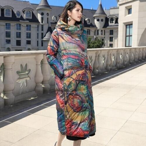 Winter female coat 2020 warm long parka mixed printted hoody 90% duck down jacket women overcoat chaqueta mujer LX2435