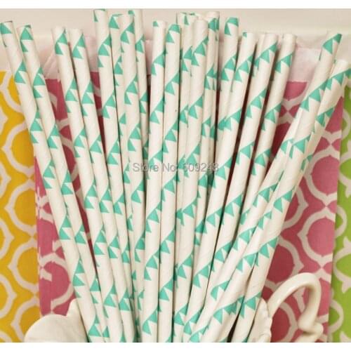 100pcs Mixed Colors Wedding Aqua Bunting Flags Print Paper Straws,Wholesale Vintage Party Paper Drinking Straws in Bulk