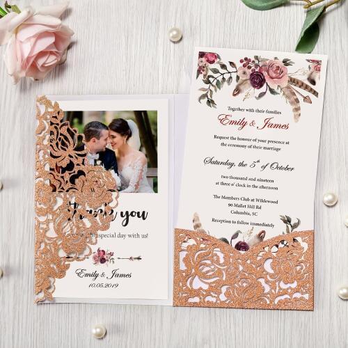 50pcs Champagne Color laser cut flower Pocket Invitations Greeting Cards with Envelope Customized Party,CW0008R