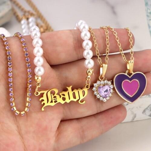 4 Pieces Purple Crystal Love Heart Tennis Chain Choker Necklace for Women Golded BABE Letter Pearl Beaded Necklace Boho Jewelry