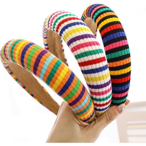 Colorful Rainbow Headband Padded Sponge Hairband Adult Knit Hair Band Girls Patchwork Bohemian Hair Accessories Turban Adult