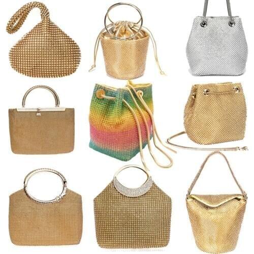 Bucket design rhinestones women evening bags soft diamonds wedding clutch with shoulder chain handbags for 2020 new female party