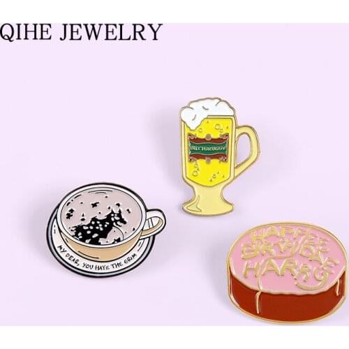 Coffee Beer Birthday Cake Enamel Pin Movie Creative Brooches for Women Men Custom Lapel Pins Backpack Hat Badge Jewelry Gift