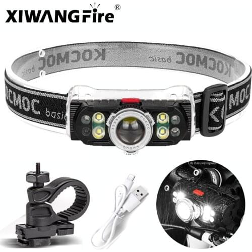 2021 New Type Induction Headlamp 7 LED Red and White Light USB Rechargeable Headlight for Fishing, Running, Bicycle Riding Light