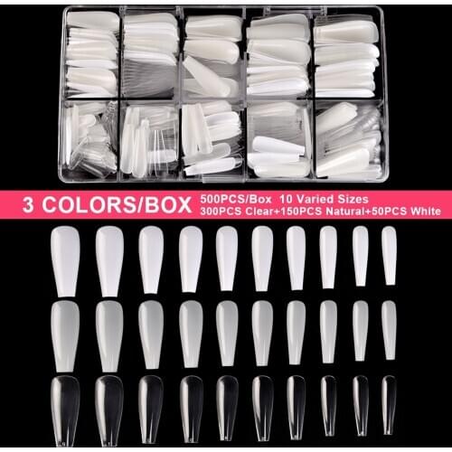 KADS 500pcs False Nail Tips Ballerina Nail Coffin Shaped Tips 3 Colors/Box Long Full Cover Fake Nails Art Manicure 10 Size Clear