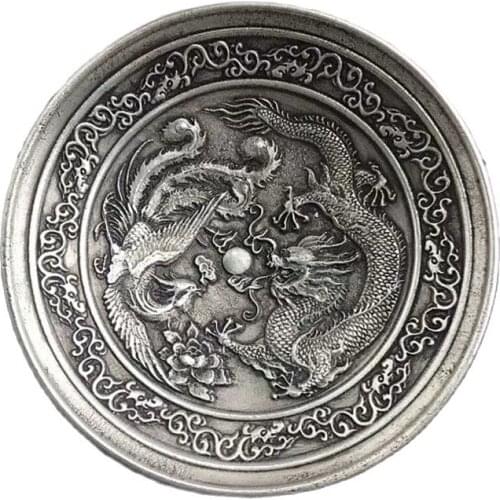 China Carved Tibetan silver writing-brush washer Dragon and Phoenix plates
