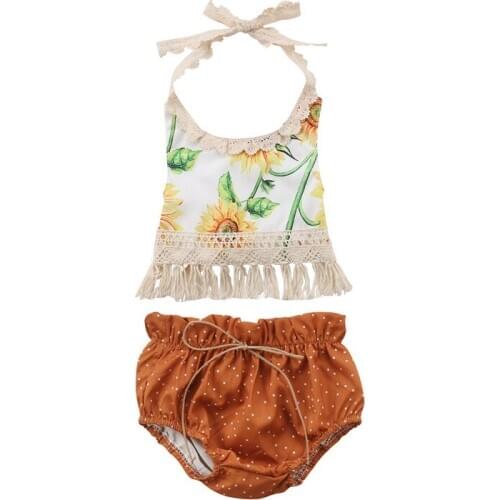 0-24 Month Baby Girls Clothes Set New Newborn Baby Girls Lace Tassel Halter Tops Short Pants Printed 2Pcs Flower Outfits Clothes