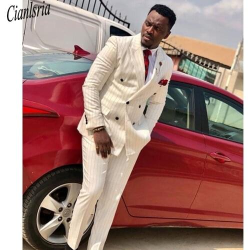 White Pinstripe Double Breasted Mens Suits Peaked Lapel Slim Fit Business Tuxedos Two Pieces Brothers Jacket Pants