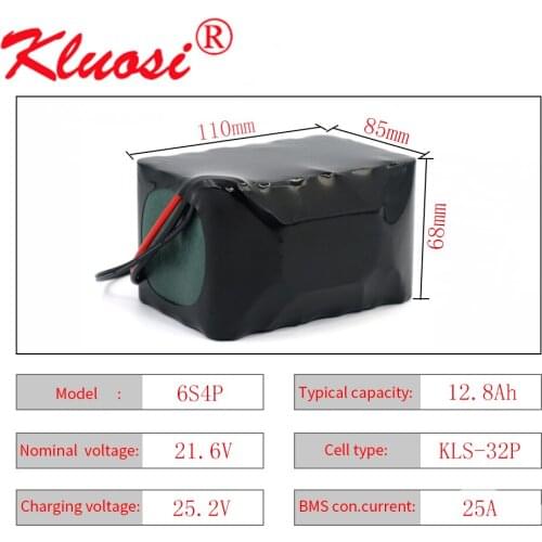 KLUOSI 6S4P 24V 12.8Ah 12Ah 21.6V 25.2V Lithium Battery Pack with 25A BMS for Electric Bicycle Ebike Scooter Wheelchair Cropper