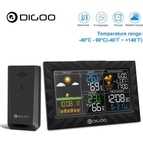 DIGOO DG-TH8988 LCD Weather Station Indoor Outdoor Thermometer Humidity Barometer Snooze Alarm Clock Sunrise Sunset Calendar