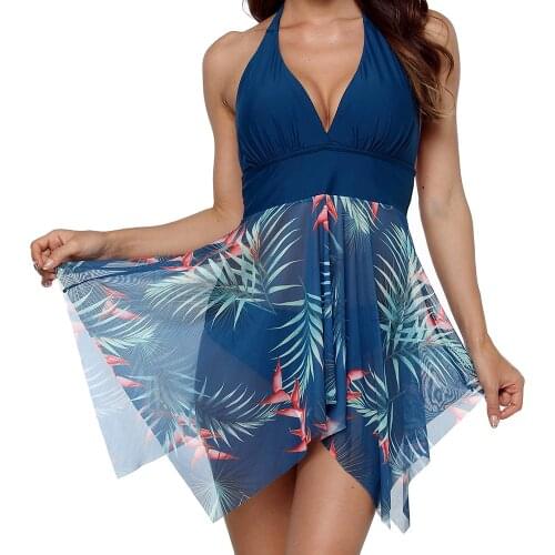 Fashion Two Pieces Swimsuit Female Mesh Patchwork Swimwear Women Bathing Suits Skirt Plus Size Tankini Swimsuits Beachwear 3XL