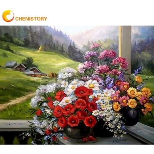 CHENISTORY Paint By Numbers Kits For Kids Red Flower Grass Oil Picture By Number HandPainted 40x50cm Framed On Canvas Art Photo