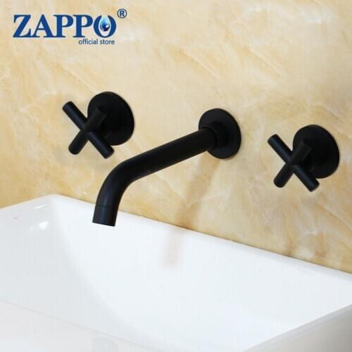 ZAPPO Wall Sink Basin Mixer Tap Set Bathroom Spout Faucet With Double Lever In Matt Black/Polished Gold