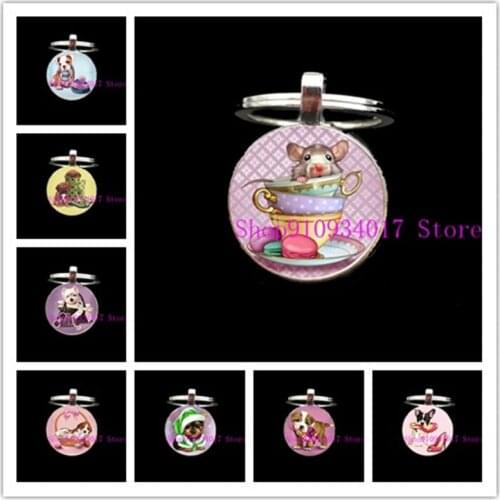 2021 new animal cute squirrel cat rabbit hedgehog dog mouse creative round glass cabochon keychain car decoration keychain gift