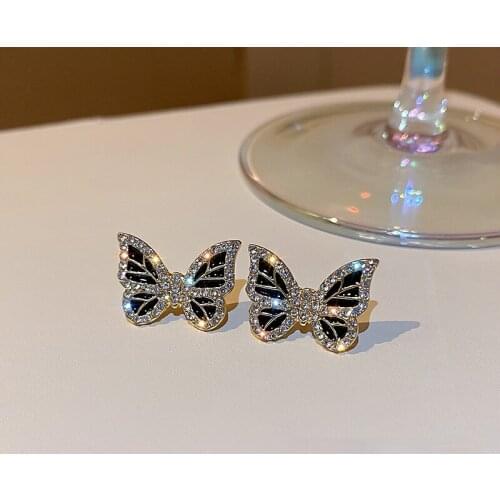 Origin Summer Simple Shiny Rhinestones Small Butterfly Stud Earrings for Women Black Colour Metal Earrings Delicate Accessories