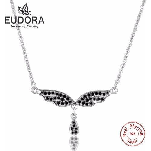 100% Real Pure 925 Sterling Silver Necklace Black Cubic Zirconia Angel Wings Necklaces & Pendants Women Fine Jewelry Best Gift