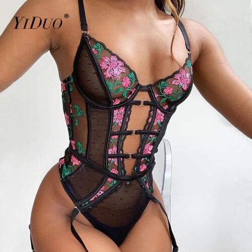 YiDuo Sexy Lace Bandage Bodysuit Women Floral Embroidery Hollow Out Skinny Body Top Bodycon Sexy Black Rompers Bodysuits 2021