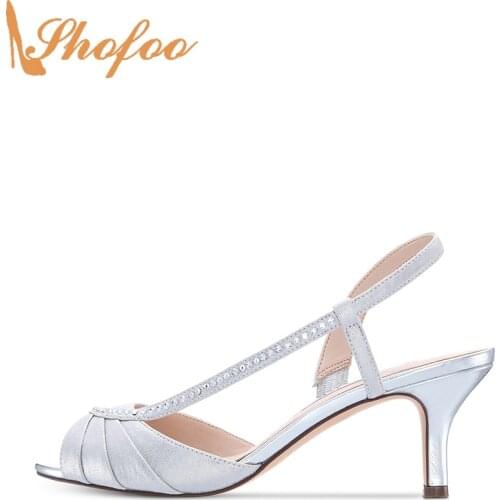Silver Crystal High Kitten Heels Sandals Woman Slip On Large Size 12 16 Ladies Fashion Back Strap Rhinestone Mature Shoes Shofoo
