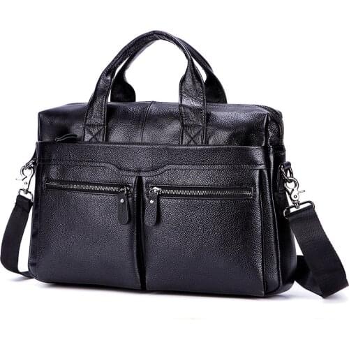 Black Mens Genuine Leather Handbags 14" Laptop Bags Male Large Leather Messenger Bags for MenTravel Shoulder Bags Briefcase