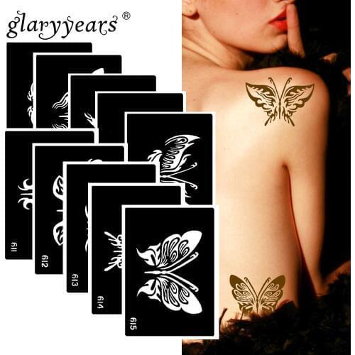 10 Pieces/Set Henna Tattoo Stencil Butterfly Pattern Paste Drawing Body Art Tattoo Stencil Sexy Product Waterproof 2019 HN15