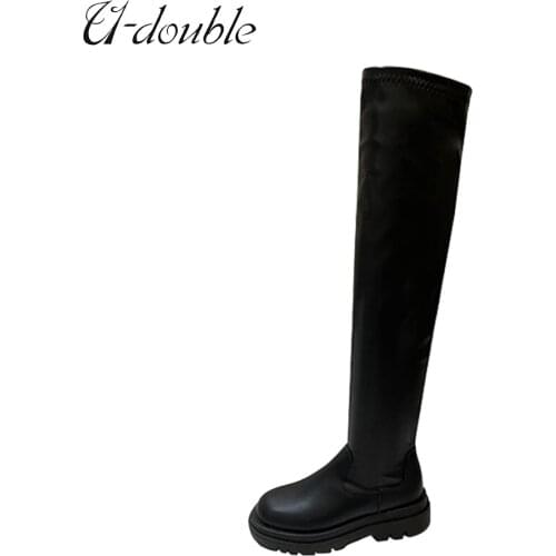 U-DOUBLE Brand Warm Women Shoes Fashion Black Over The Knee Boots Women tight High Platform Thigh Boots Winter Ankle Boots Long