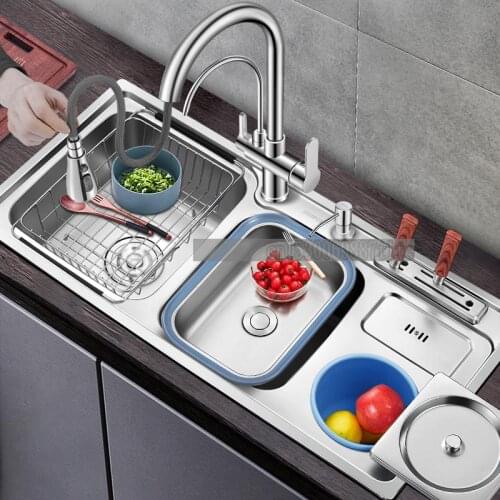 Kitchen Sink Three Sinks Thickened Household Stainless Steel Large Double-slot Multi-function Sink With Trash Can Knife Rack