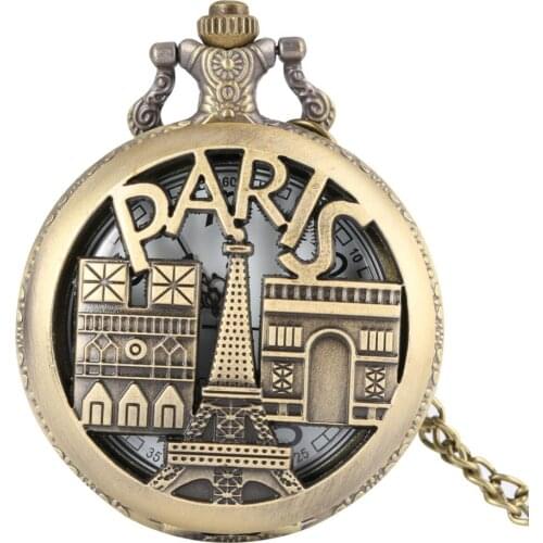 Vintage Bronze Paris Triumphal Arch Eiffel Tower Quartz Pocket Watch Necklace Chain Pendant Accessory Clock Gifts for Men Women