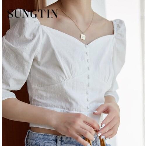 Sungtin Vintage Square Collar Blouse Women Puff Sleeve White Cropped Shirt Sweet Loose Sexy Solid Korean Chic Casual Tops Kawaii