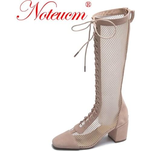 Female Brand Breathable Summer Square Head Mesh Black Silver Sock Heel Knee High Over Calf Hole Cut Boot Shoe for Women 2021 Tan