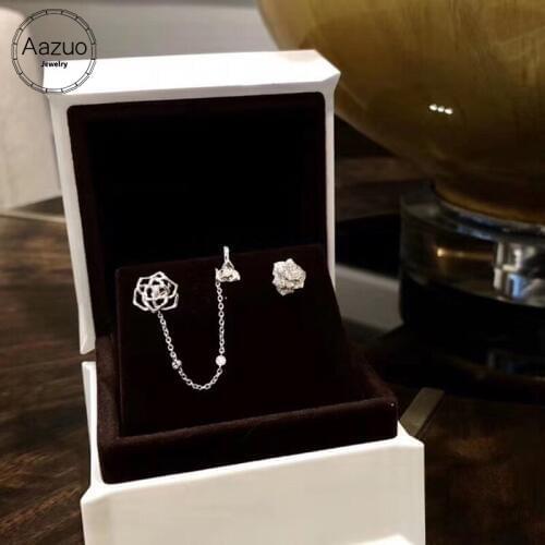 Aazuo Real 18K White Gold Yellow Gold Real Diamonds Rose Flower Earrings clamp gifted for Women Engagement Wedding Chain Au750