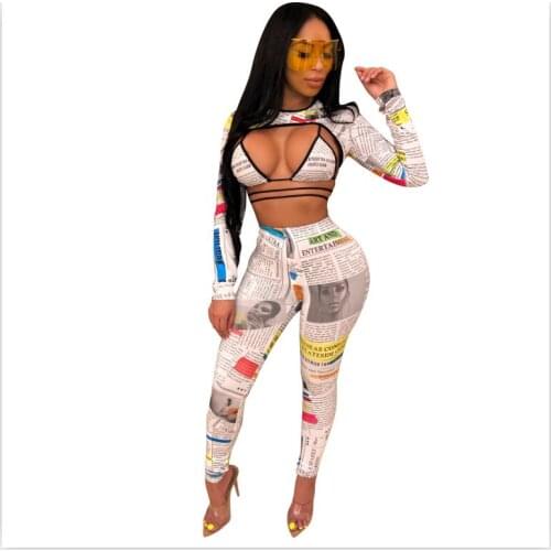 Newspaper Print Women 3 Piece Set Skinny Club Long Sleeve Crop +Bra Top and Long Pant Suit Lady Tracksuit Autumn Bandage Outfits