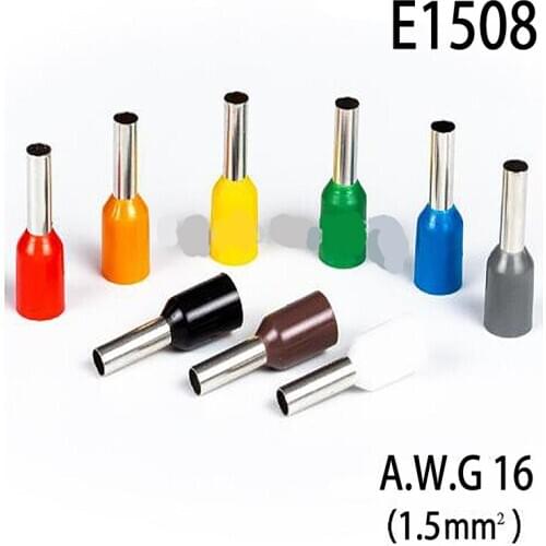 100pcs E1508 1.5mm2, 16 AWG Insulated Ferrules Terminal Block Cord End Wire Connector Electrical Crimp Terminator Wire For