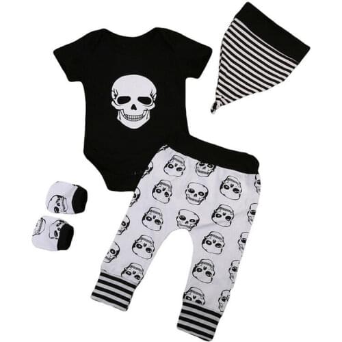 New 4PCS Infant Baby Boy Girl Skull Tops Bodysuit + Long Pants Hat Gloves Outfits Set Bebes 0-18M