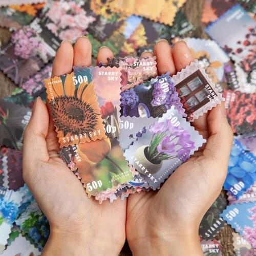 50 Sheets Vintage Stamp Aesthetic Sticker Book Lovely Flower Plant Washi Decoration Scrapbooking Stationery Label Stickers