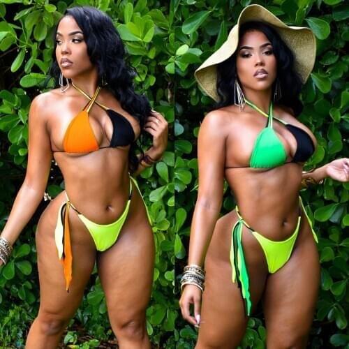 Autuspin Brazilian Womens Swimsuits Patchwork Halter Bikinis Set Fashion Micro Bikini Low Waist Thong Sexy Women Bathing Suits