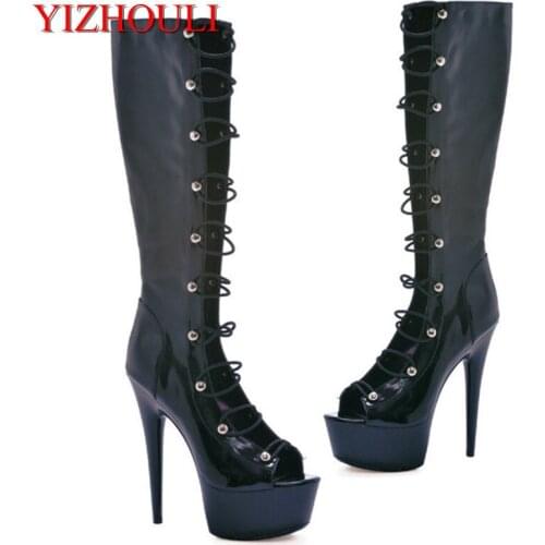 15cm New side Fine with medium boots, front lace-up model runway high boots, sexy enticement dance shoes