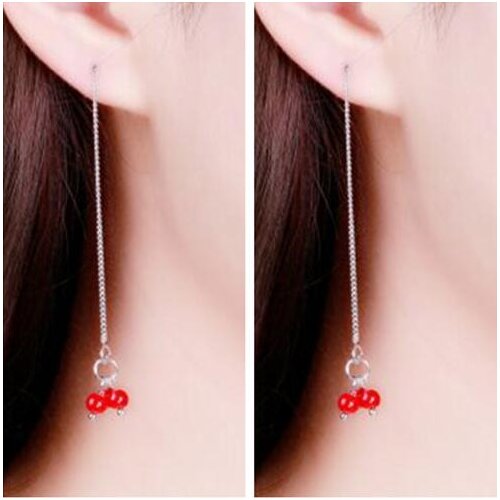 Ex700 Korean version Fashion candy color red black beads Tassel chain Small cherry ear wire earrings 2021 trend