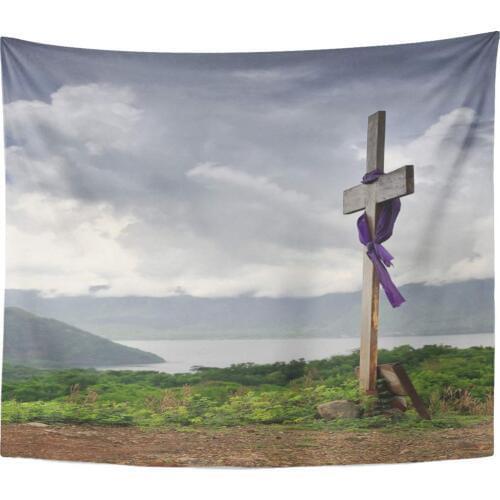 Purple Clothed Wooden Cross One of Fourteen Stations on The Via Crucis Along Naang Kastila Volcano Trail Tapestry Home Decor