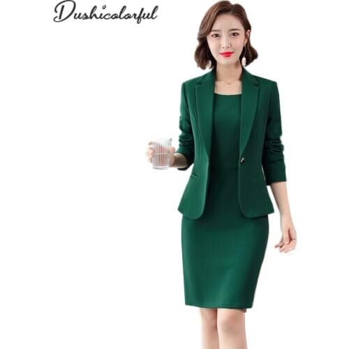 2 Piece Set Blazer Dress Suits Ladies Office Wear Full Sleeve Slim Blazer Sleeveless Dress Green Formal Dress Suit Woman