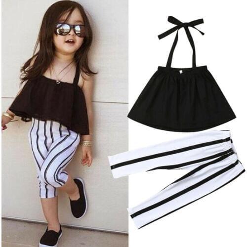 Toddler Kid Baby Girl Clothes Strap Tops+Stripe Trousers Pants 2PCS Outfits Set