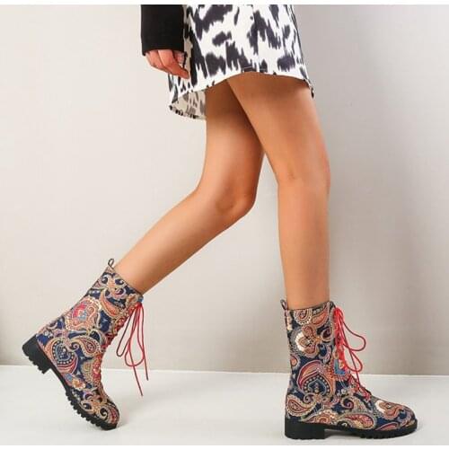 Fashion Women Shoes New Autumn Winter Martin Boots Med Heel 3.5cm Booties Round Toe Lace Up Large Size 46 Ankle Boots Z8-9s