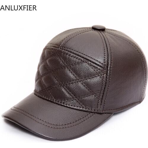 H6997 Men Leather Hat Autumn Winter Warm Cowhide Baseball Cap Youth Fashion Embroidered Grid Genuine Leather Ear Guard Caps
