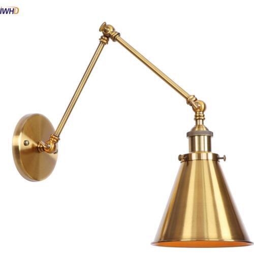 IWHD Golden Long Arm Wall Lamp Vintage Bedroom Loft Adjustable Industrial Wall Lights Sconce LED Edison Style Home Lighting