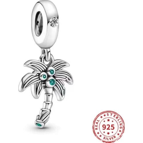 Real 925 Sterling Silver Beads coconut tree Green Crystal Charm Fit Original Pandora Bracelets Bangles Women Jewelry