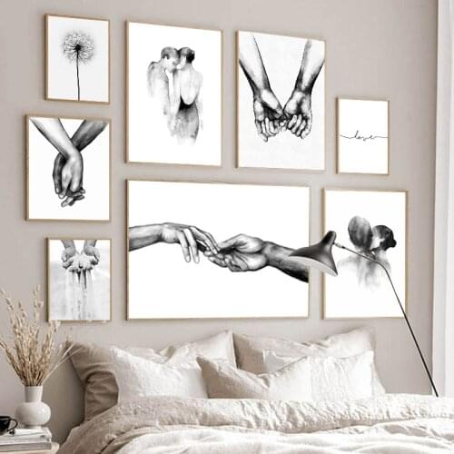 Nordic Black White Kiss Hand Picture Wall Art Canvas Poster Minimalist Abstract Print Love Quotes Painting for Living Room Decor