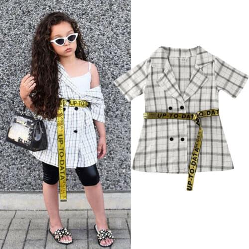 Toddler Kids Baby Girls Clothes Plaids Shirt Dress Fshion Infant Letter Sashes Button Turn Down Collar Dresses