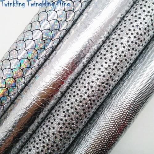 Iridescent Silver Glitter with Black Dots, Mermaid Synthetic Leather Iridescent Faux Leather Fabric 21x29CM Twinkling Ming KM490