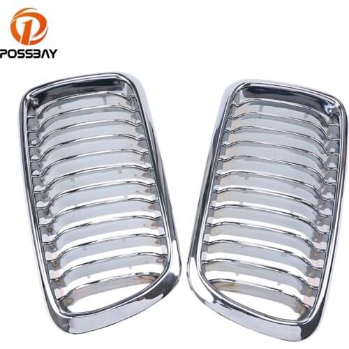 POSSBAY 2Pcs Car Front Wide Kidney Hood Center Grilles Chrome Racing Grills Auto Replacement for BMW 7-Series E38 Sedan 94-01