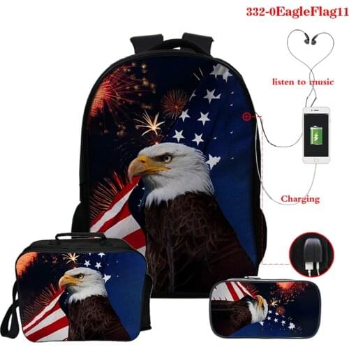 American Eagle Flag 3D Print 3 Suit Bags USB Multifunctional Laptop Backpack Notebook Travel Bag Rucksack School Bag for Student